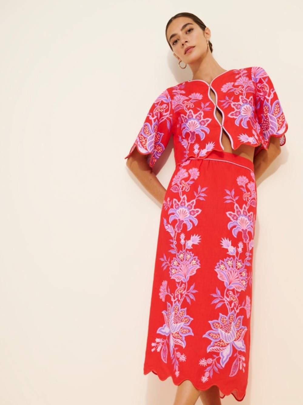 Farm Rio Red Porcelain Garden Euroflax Linen Midi Skirt NWT XS